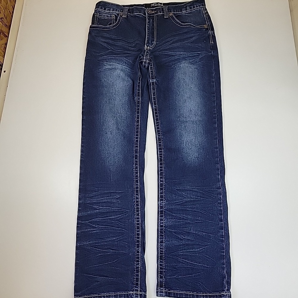True Luck Men's Jeans Straight Leg Blue Denim 32 X 32 Light‎ Wash Thick Stitch